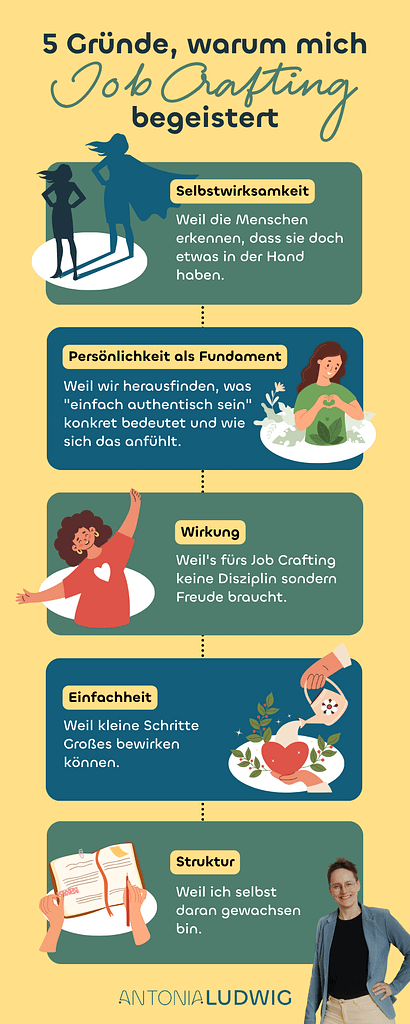 Infografik: 5 Gründe, warum Job Crafting begeistert – Selbstwirksamkeit, Persönlichkeit, Wirkung, Einfachheit und Struktur. Mit Antonia Ludwig.