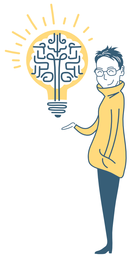 Antonia Ludwig Illustration mit gelben Hoodie und Glühbirne mit Gehirnstrukturen.